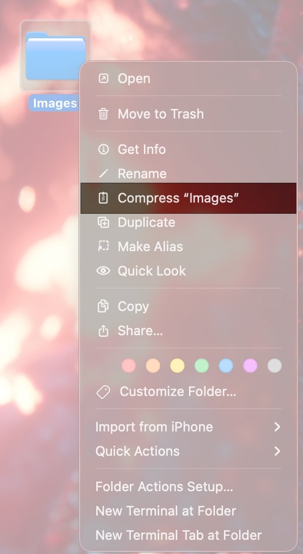 Open finder select folder control click and select compress