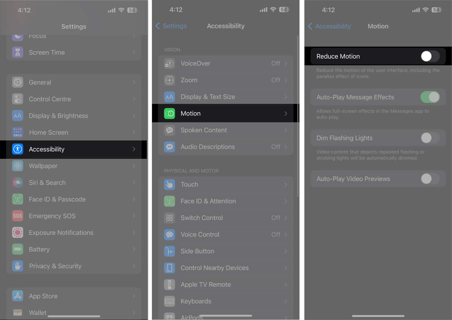 Open accessibility motion and toggle off Reduce Motion in settings app