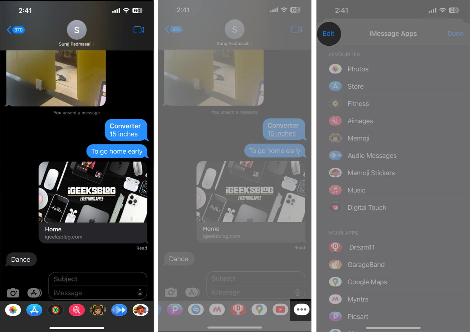 Open iMessage tap more edit in messages