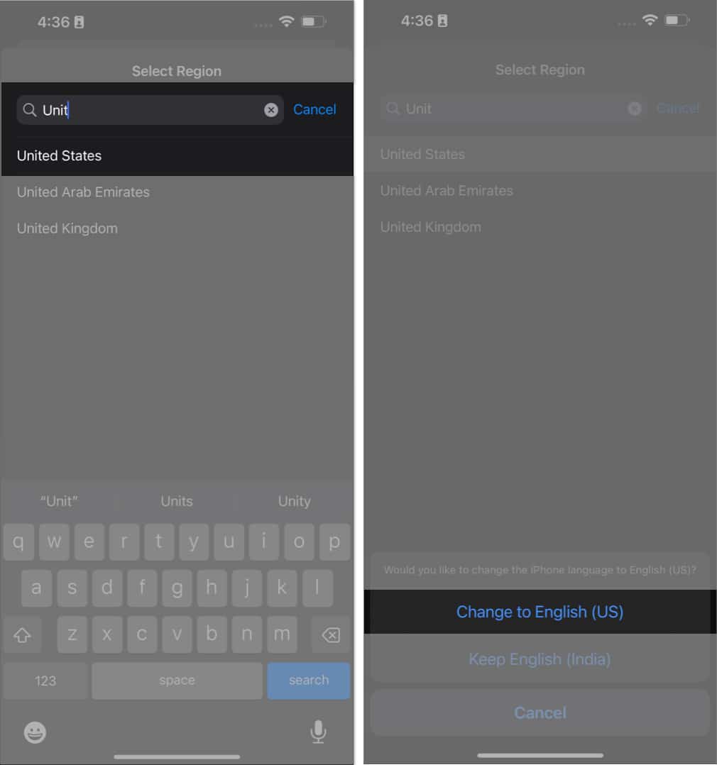 Select region change the keyboard in settings app