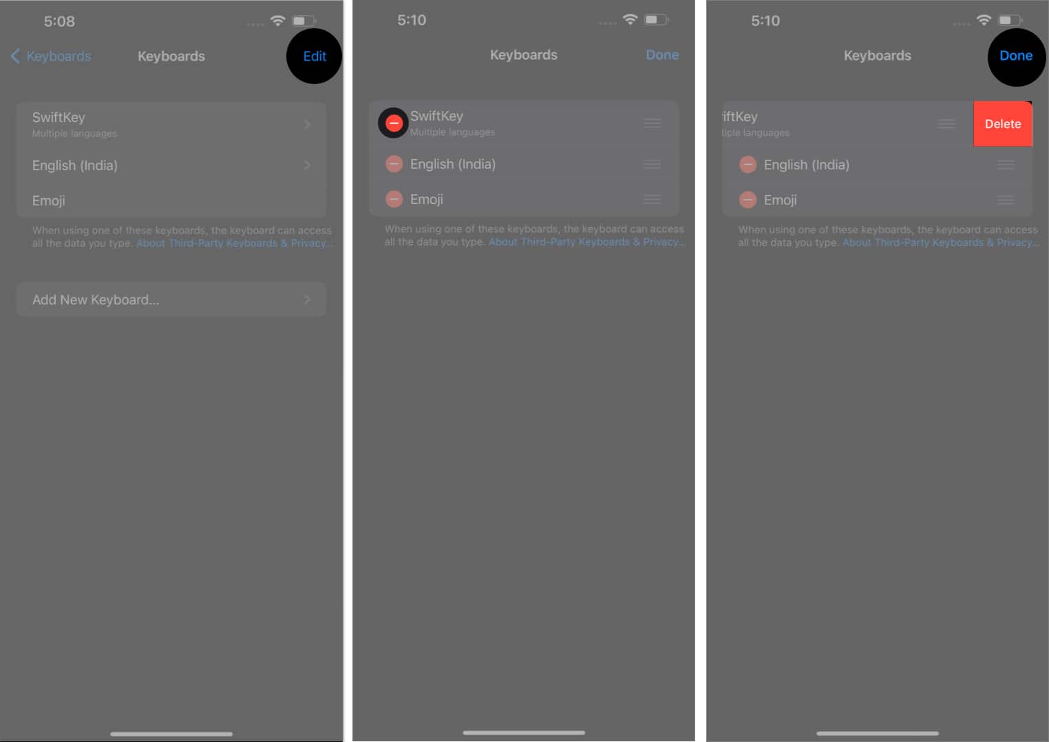 Tap edit the minus icon delete and done in settings app
