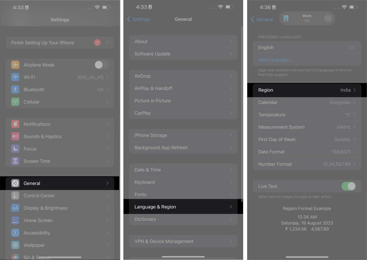 Tap general language and region region in the settings app