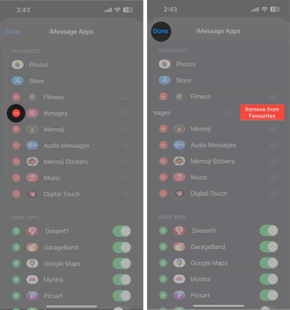 Tap the minus icon remove from favourites done in iMessage app