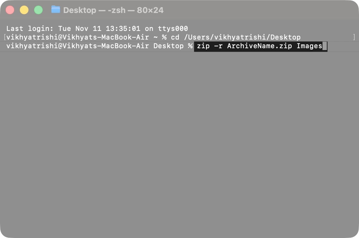 Type the code zip  r archivename Zip foldername