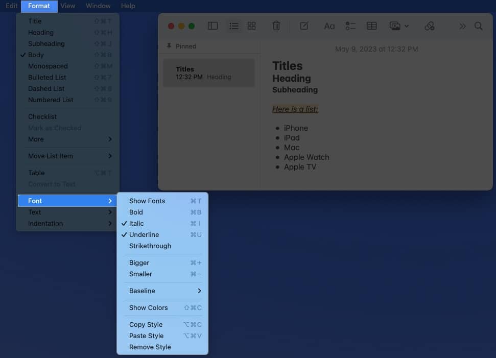 Click format font select a style from menu bar
