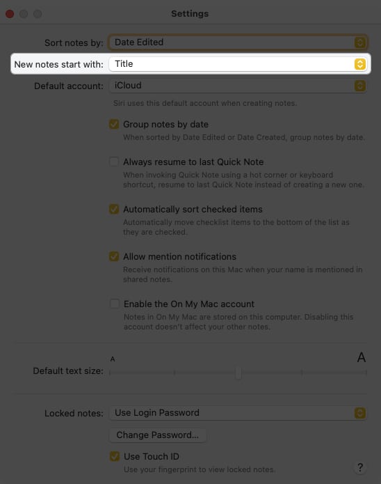 New notes start with drop down box in the notes app
