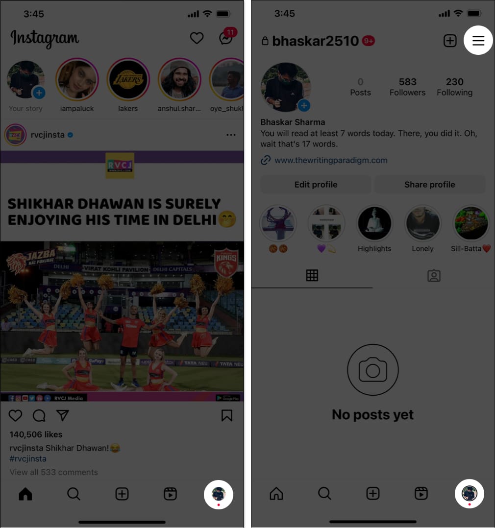 Open Instagram app go to Profile tab and tap hamburger menu