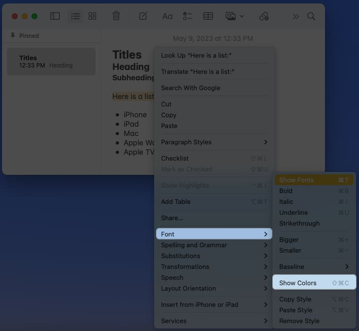 Select font show colors option in notes app