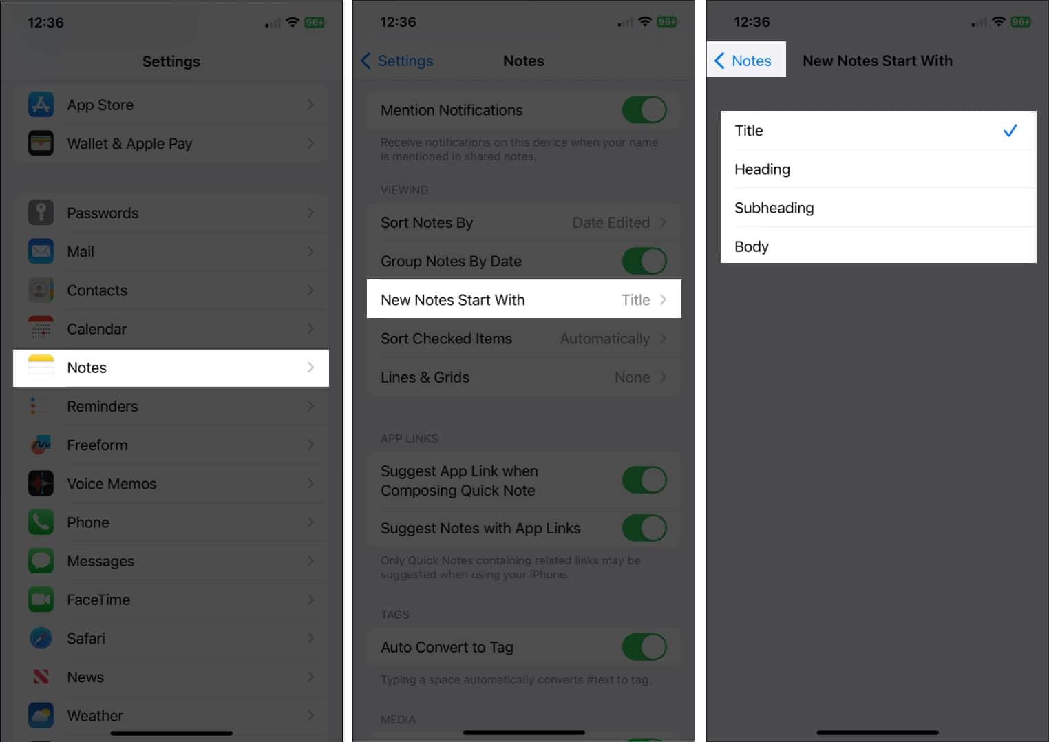 Select notes New Notes Start With pick a body type in settings app