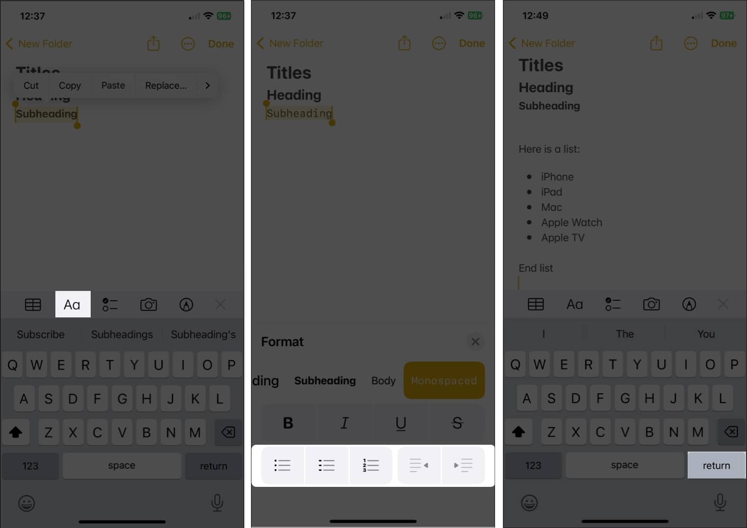 Select paragraph styles select a format press return twice in notes app