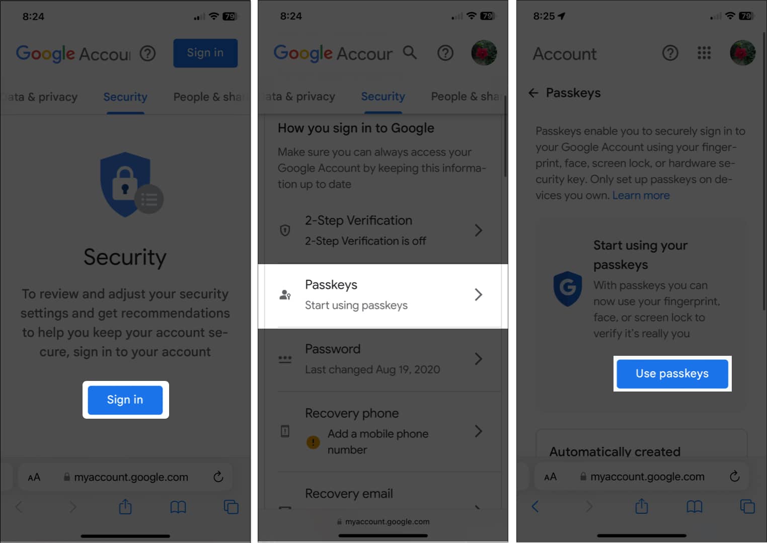Tap on Sign in Passkeys and Use passkeys on iPhone