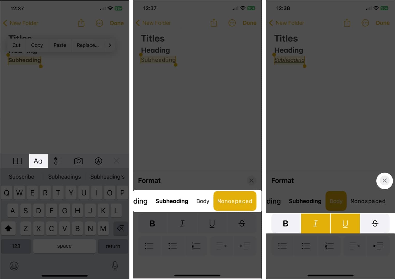 Tap the Aa option make necessary changes in the notes app