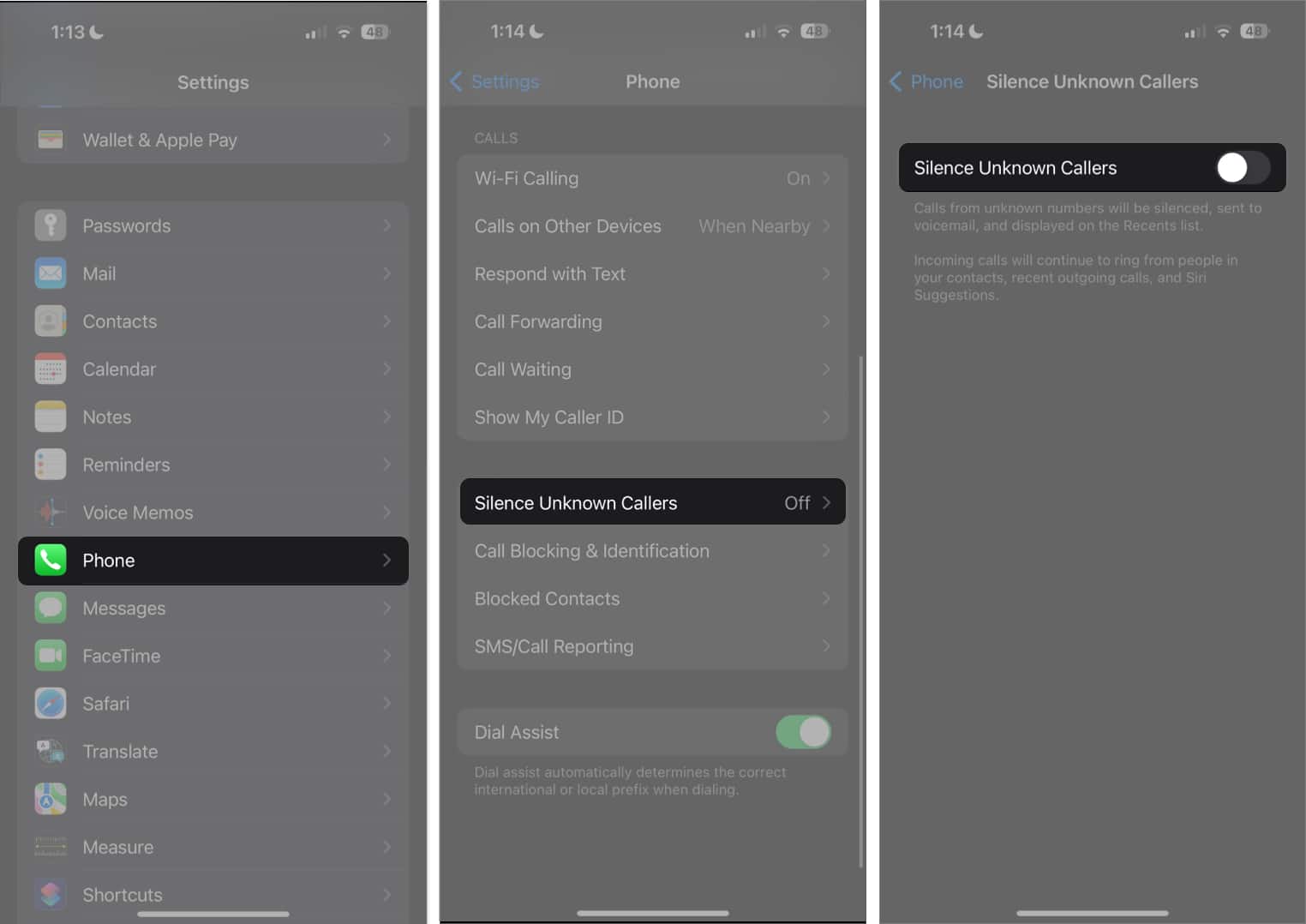 Silence Unknown Callers option in iPhone Settings app on iOS 17