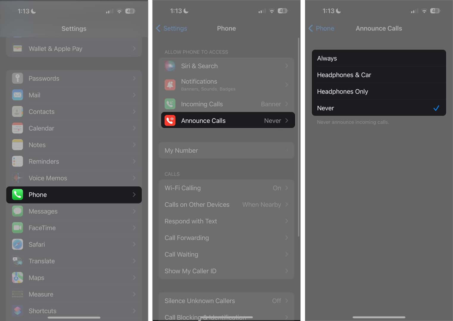 Announce Calls settings page in iOS 17 Settings app