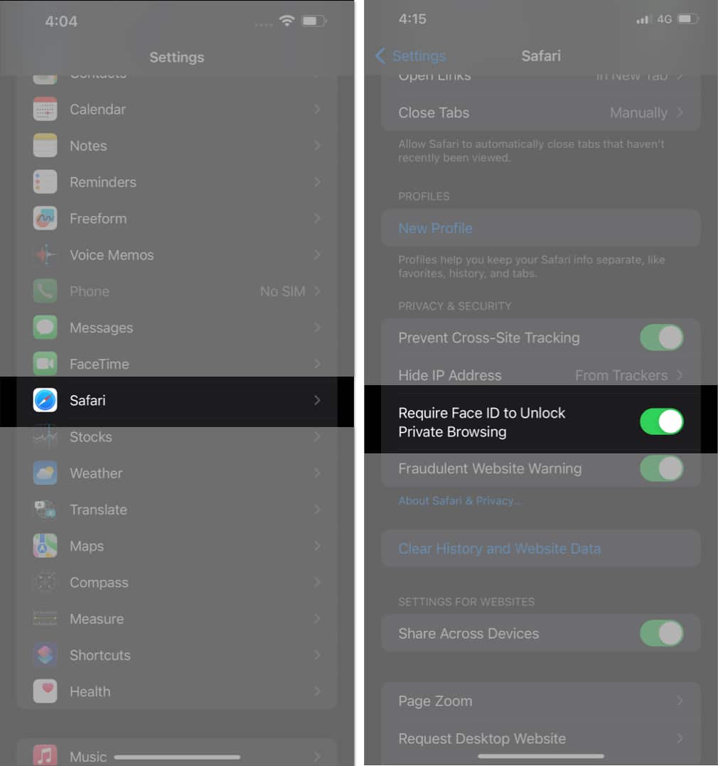 Launch Settings app scroll down to Safari and toggle on the Require Face ID to Unlock Private Browsing