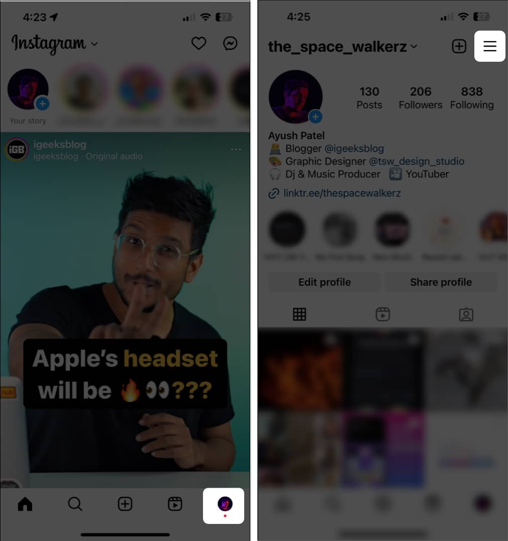 Select the hamburger menu from the top right on instagram profile