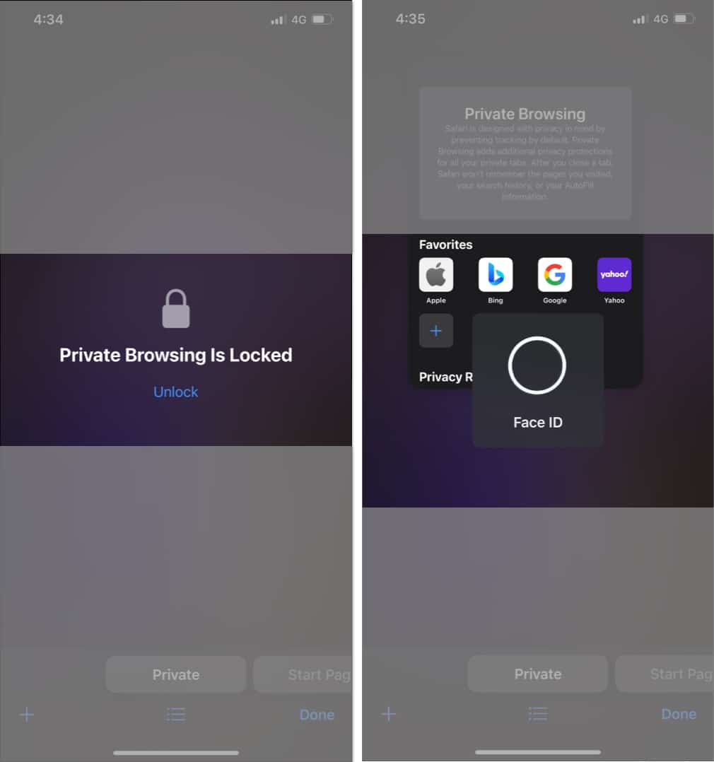 Visit Safari app tap Unlock and verify the Face ID