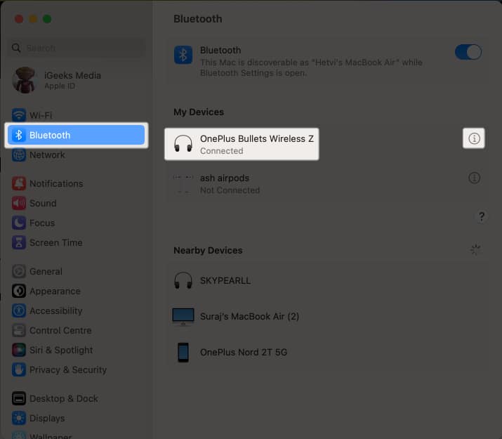 Select Bluetooth Click the i icon
