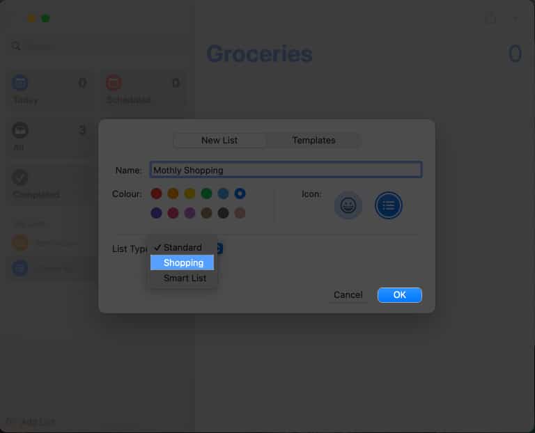 Select Shopping Ok in Reminders
