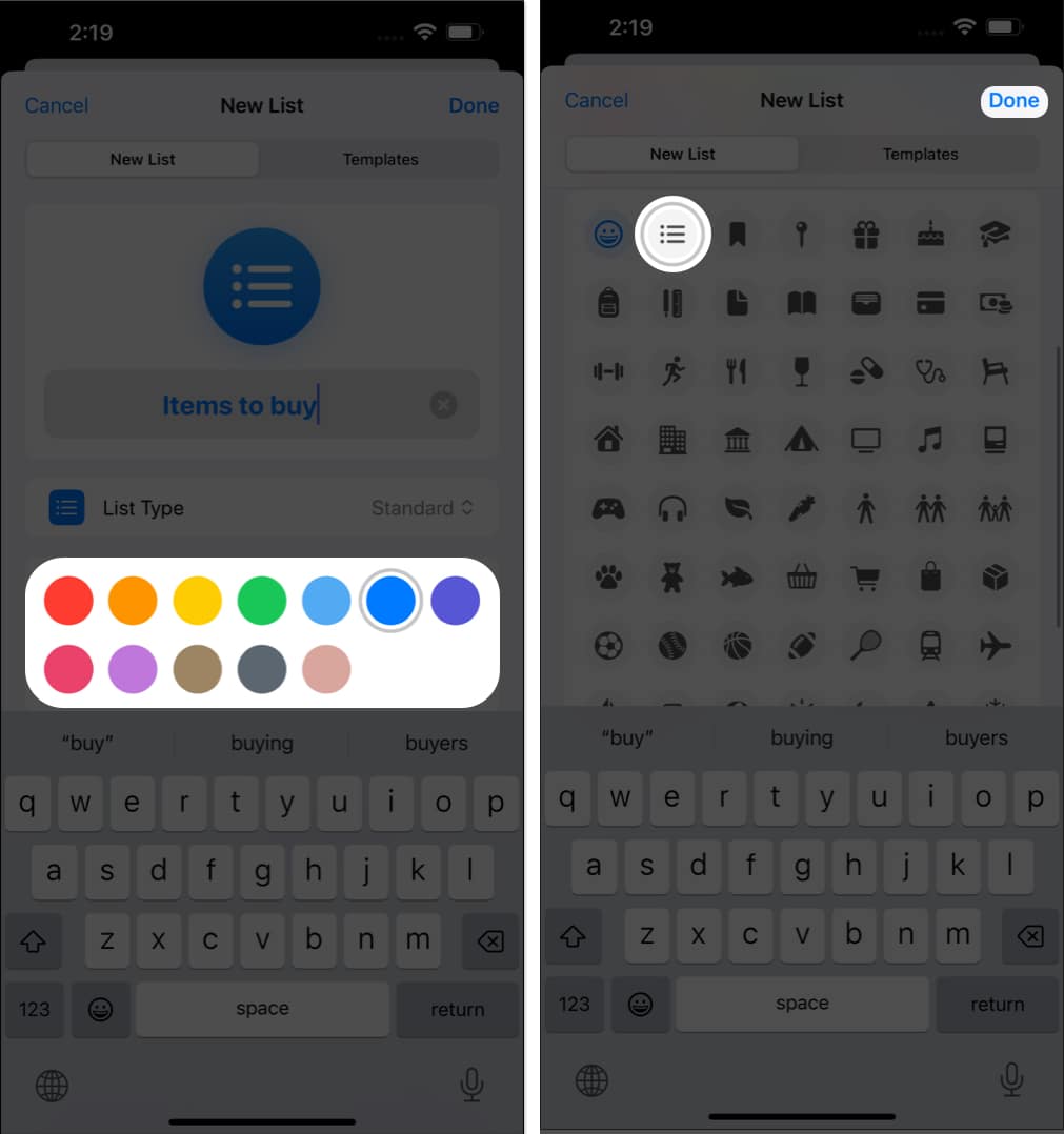 Select colors icon tap Done in reminders