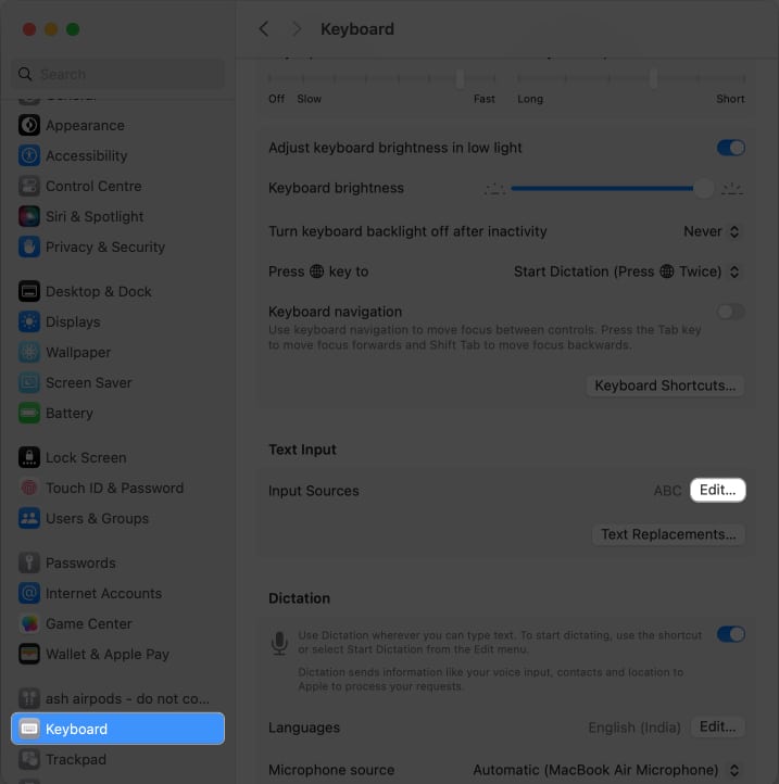 Select keyboard Edit in system settings