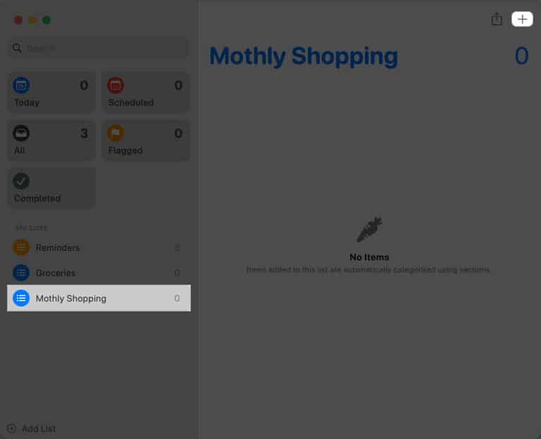 Select the shopping list tap + icon in Reminders