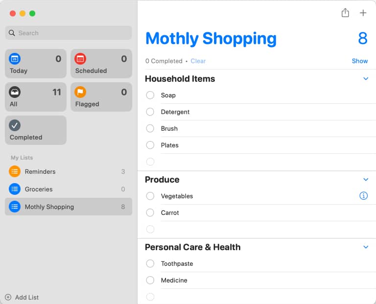Shopping list in Reminders