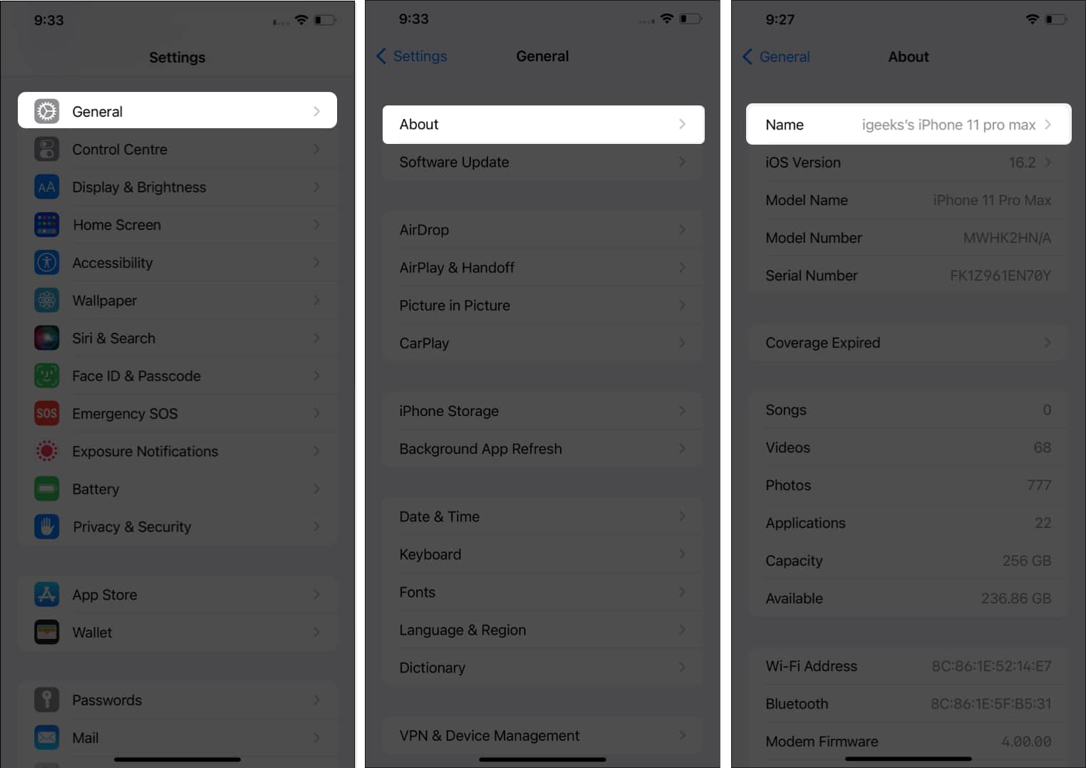 Tap General About Choose Name