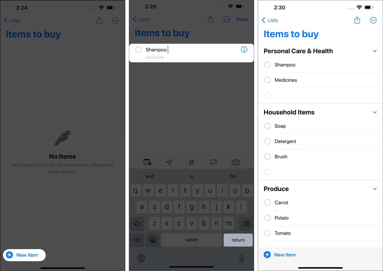 Tap new item return create Shopping list in Reminders