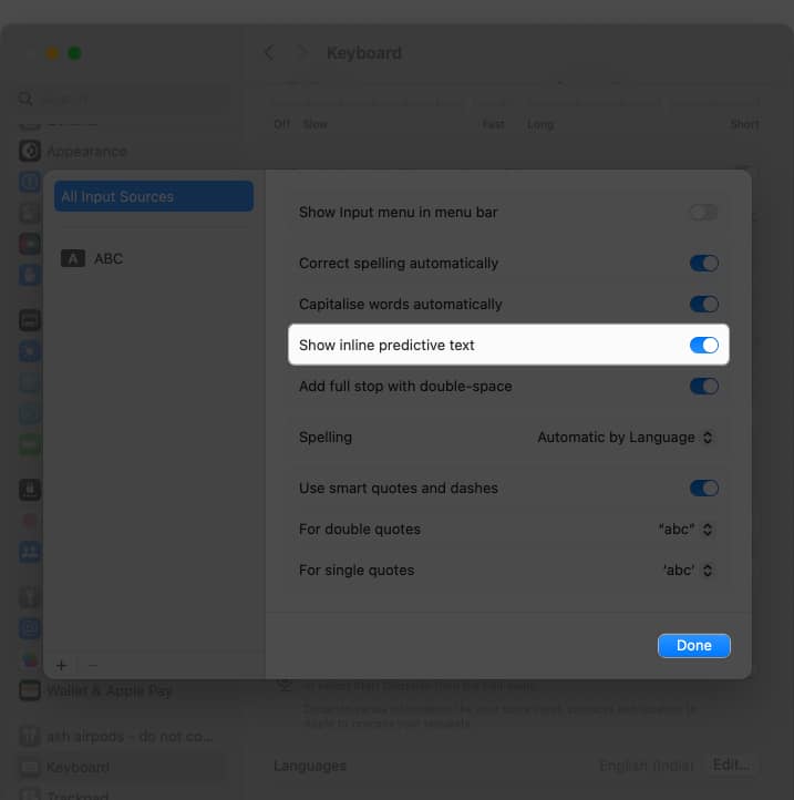 Toggle on Inline predictive text done in system settings
