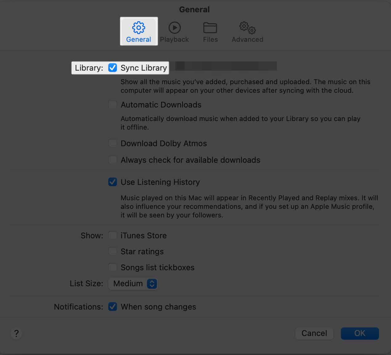 Under General check the box next to Sync Library