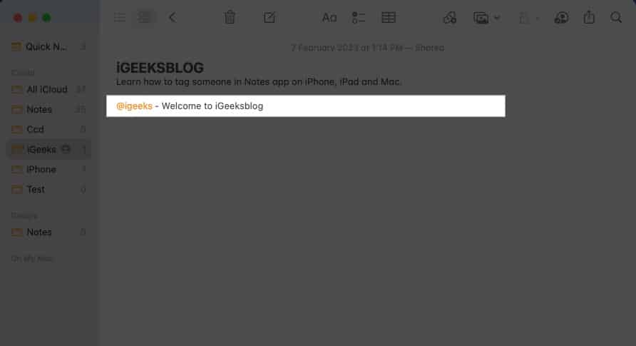 Use  to tag user in notes app