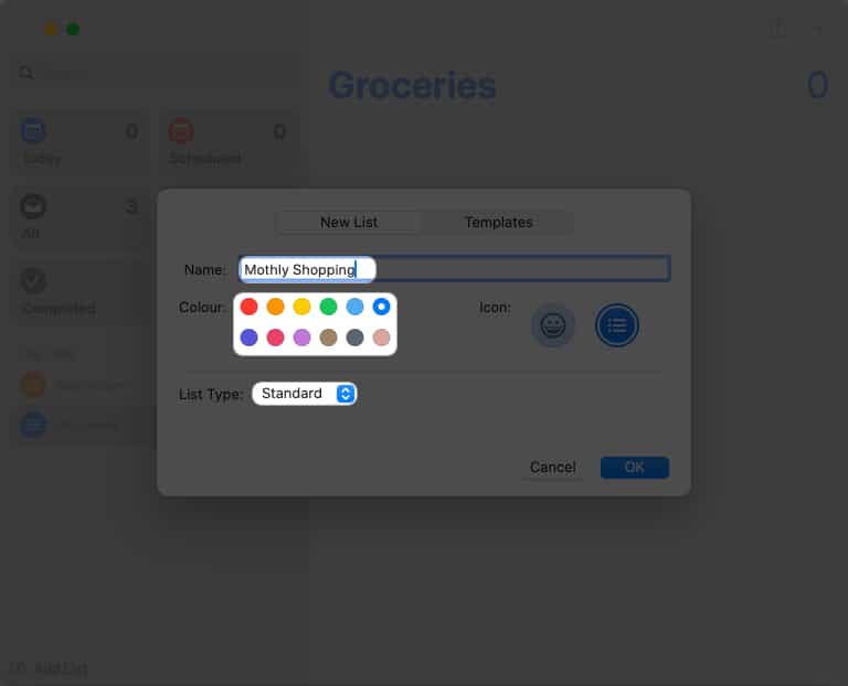 name your list add colors and choose icons in Reminders