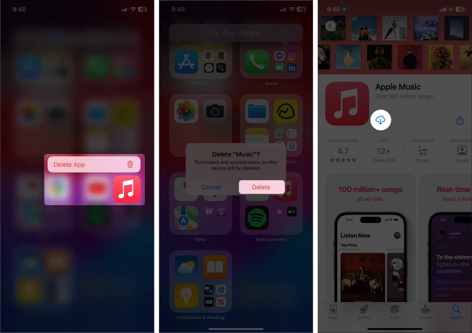 tap and hold music app tap delete download apple music in App store
