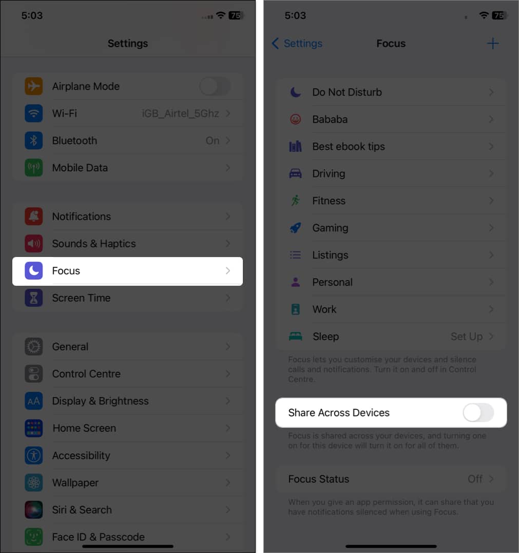 tap focus toggle off share across device in settings