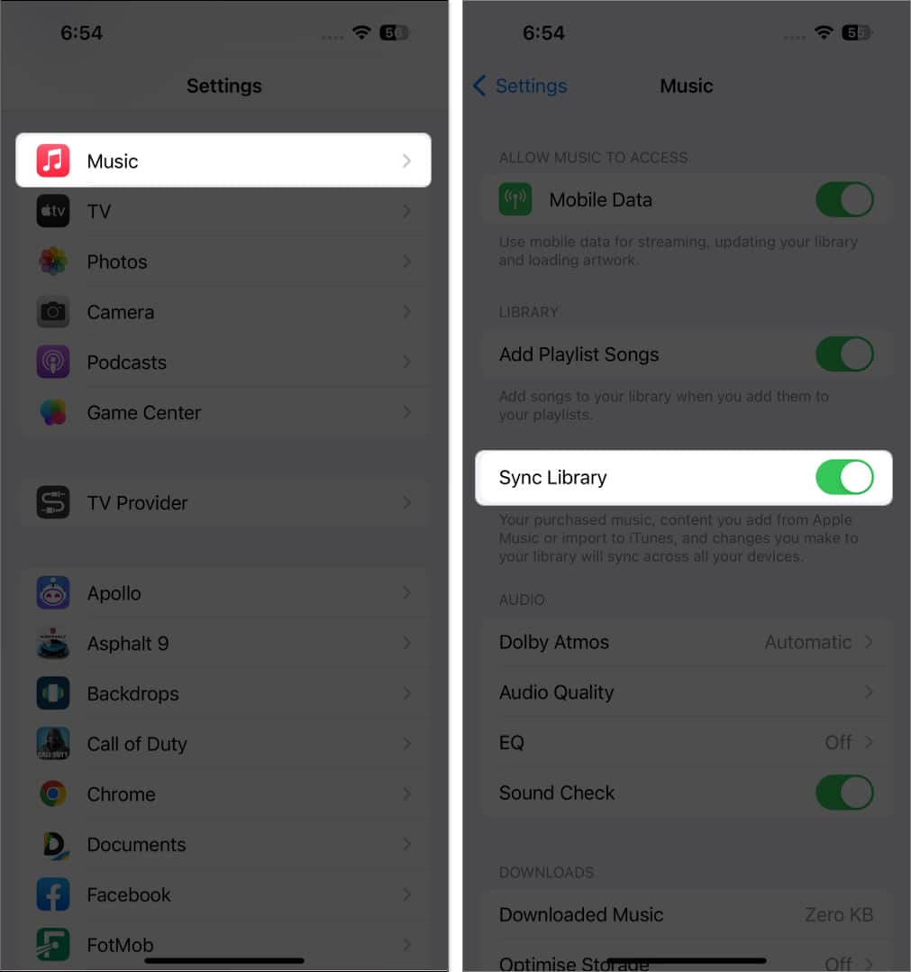 tap music tap sync library in Settings