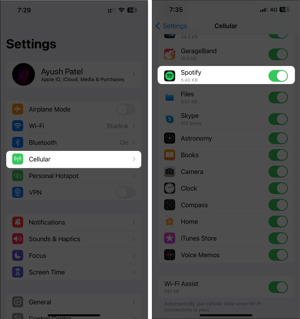 Go to Settings Cellular and Toggle on Spotify