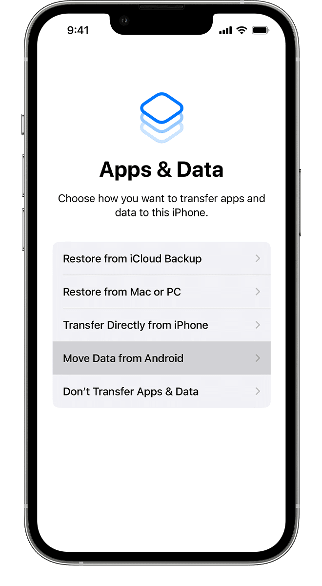 Move Data from Android option as part of the manual setup process on an iPhone
