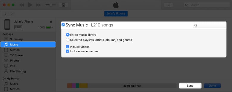 Sync Music checkbox to start syncing music