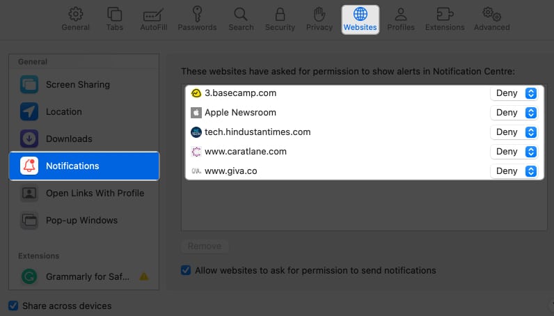 click website notification set website as deny in safari settings