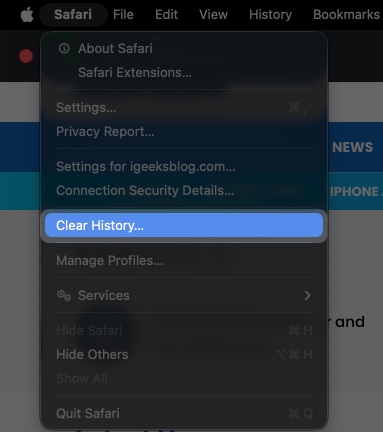 How to clear everything history cache and cookies on mac