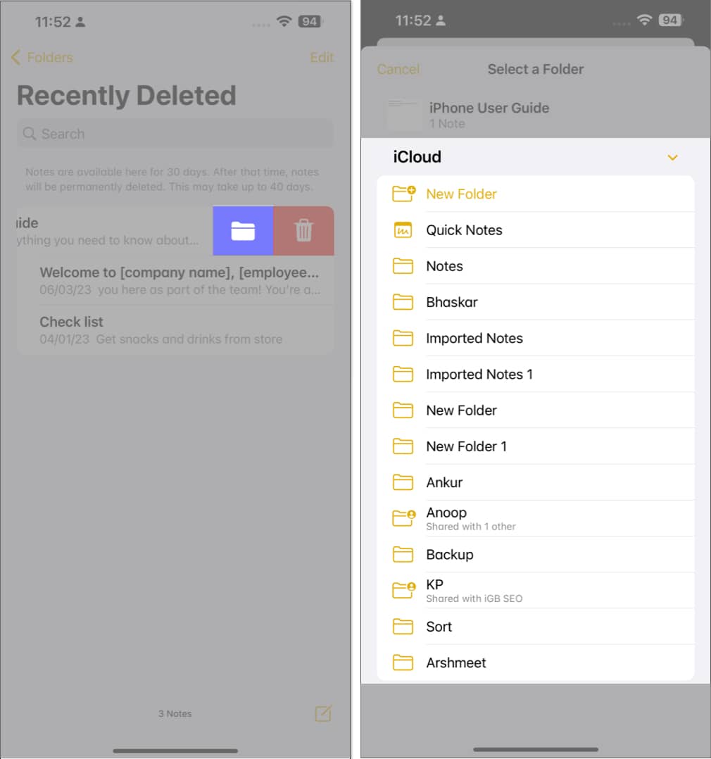 Choose the folder option select the designated folder in notes app