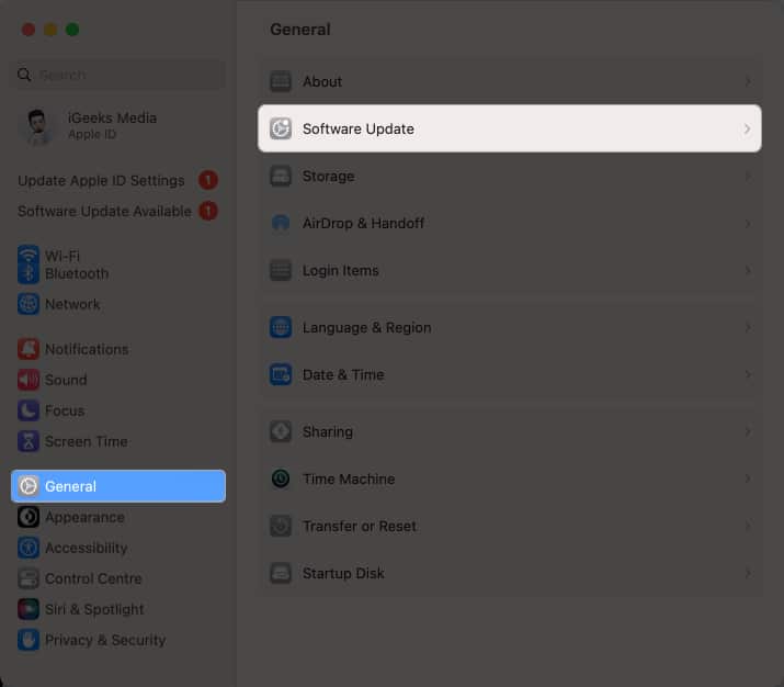 Click general Software Update