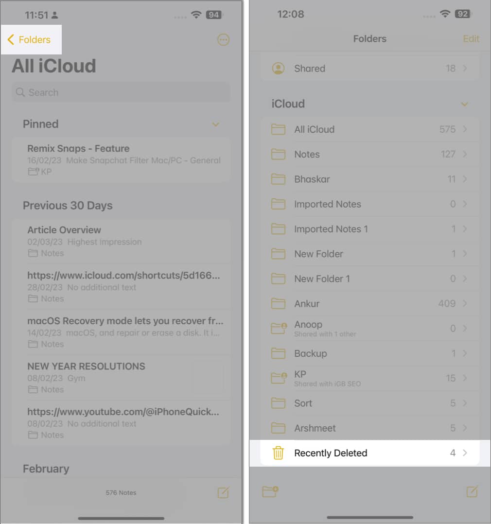 Navigate to folders access recently deleted forlder in the notes app
