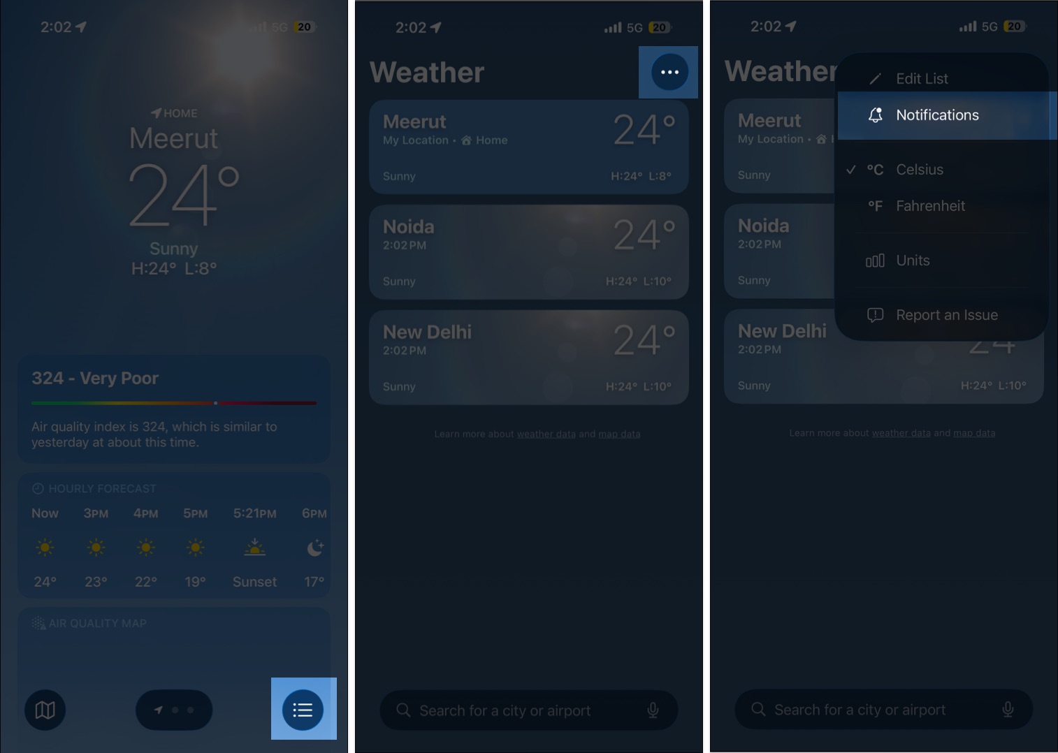 Open Weather app on iPhone tap the list icon then three dots and choose Notifications
