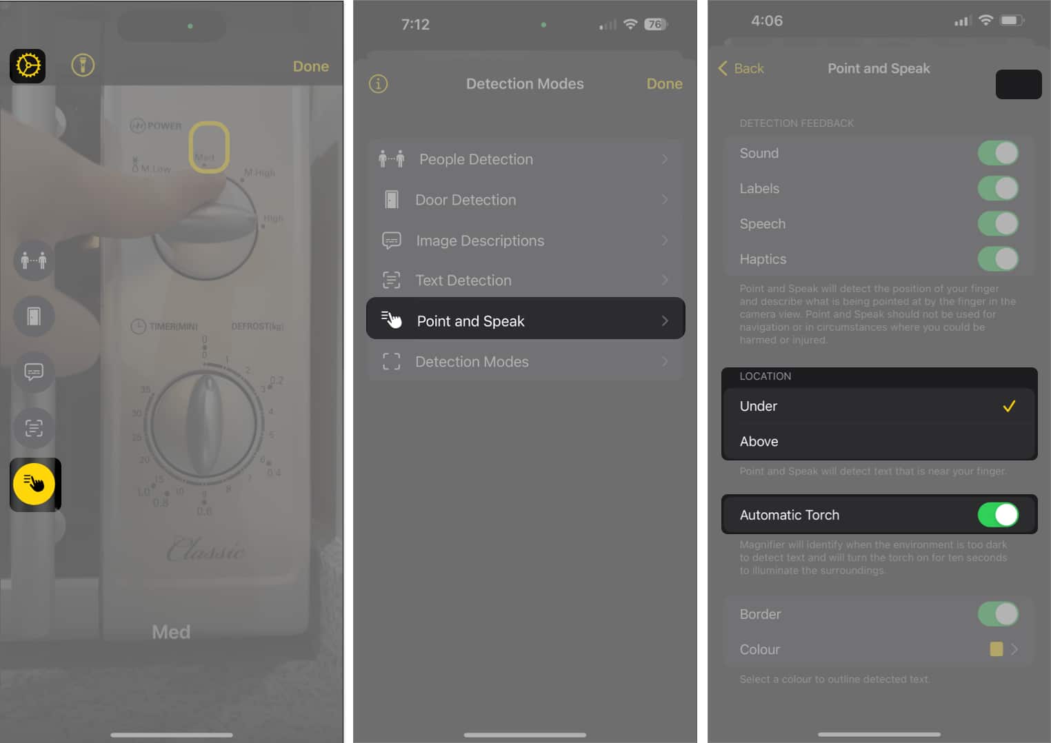 Select Point and Speak Tap Settings