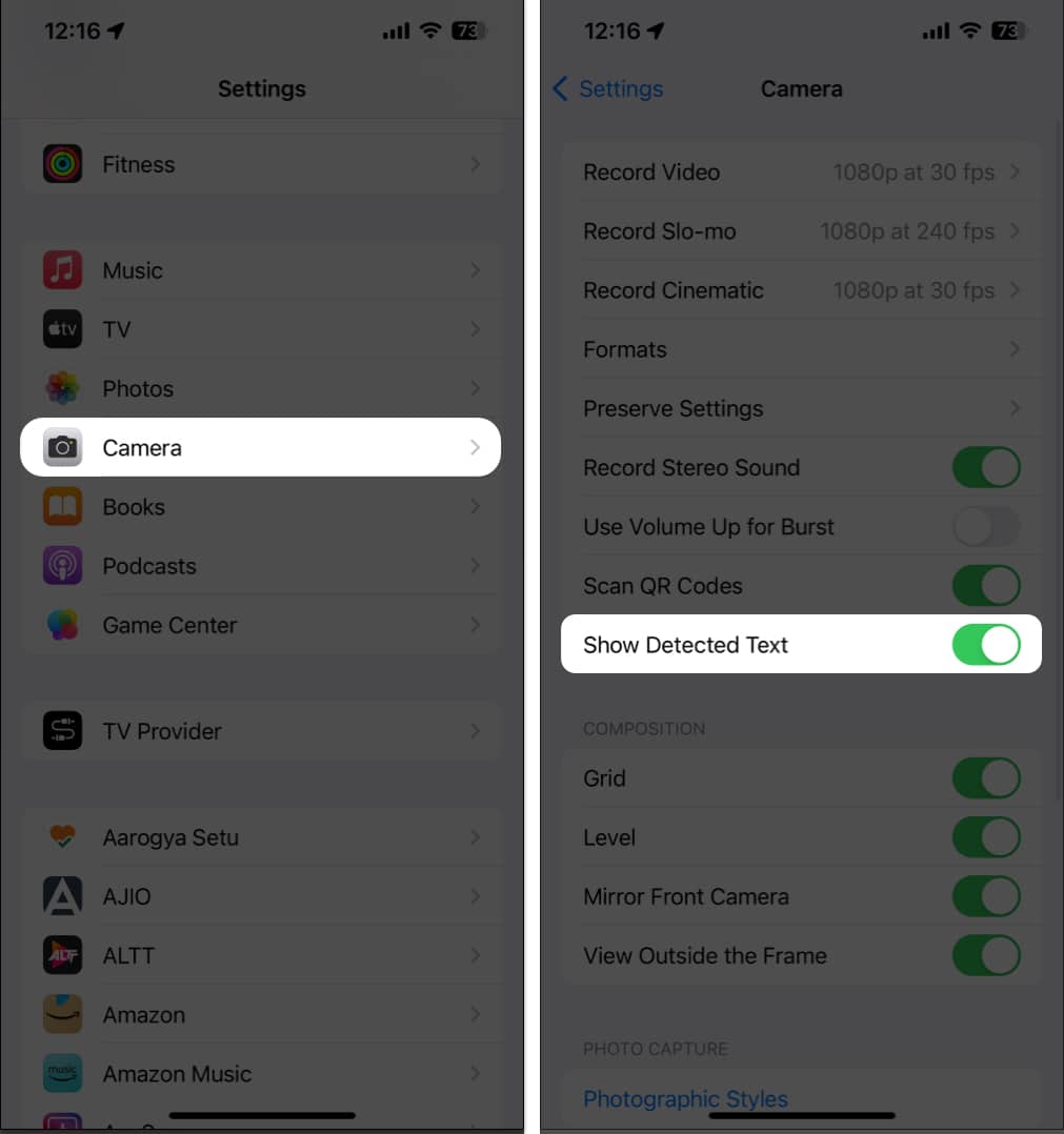 Tap Camera toggle on Show Detected text