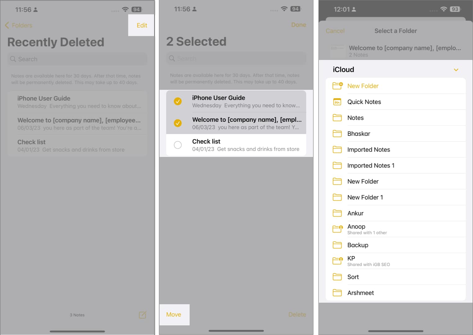 Tap edit select multiple files select move and choose a folder in notes app