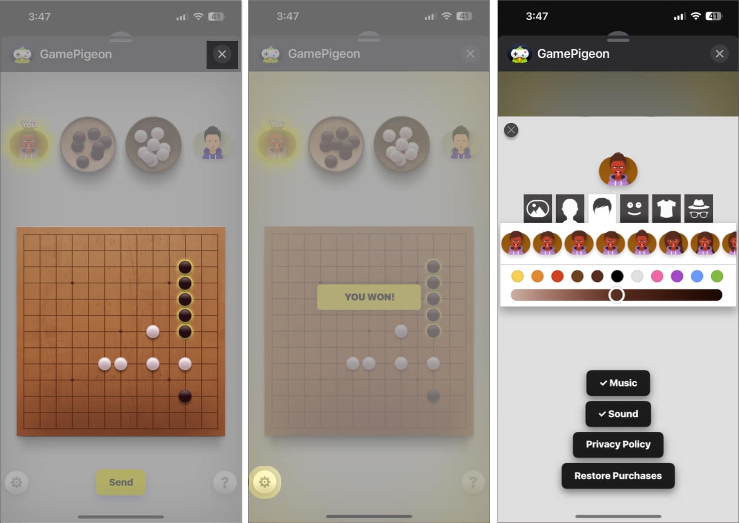 The winner interface tap the settings icon to make changes make changes like you desire in iMessage playing Gomoku