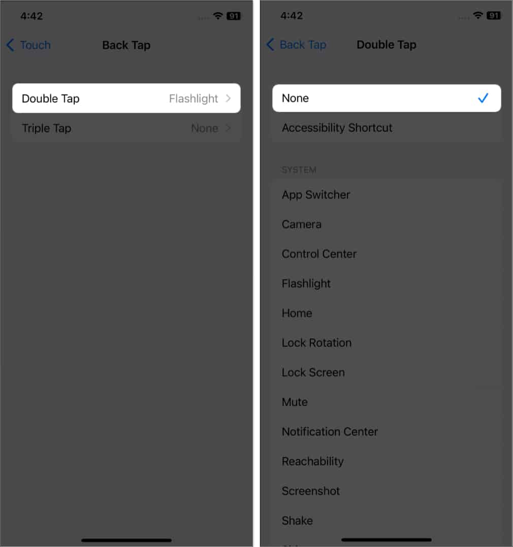 select double tap none in settings
